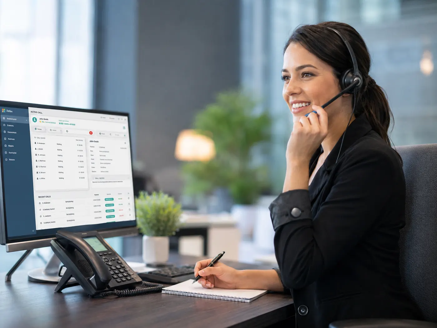 Live operator answering an emergency service call at a dispatch console