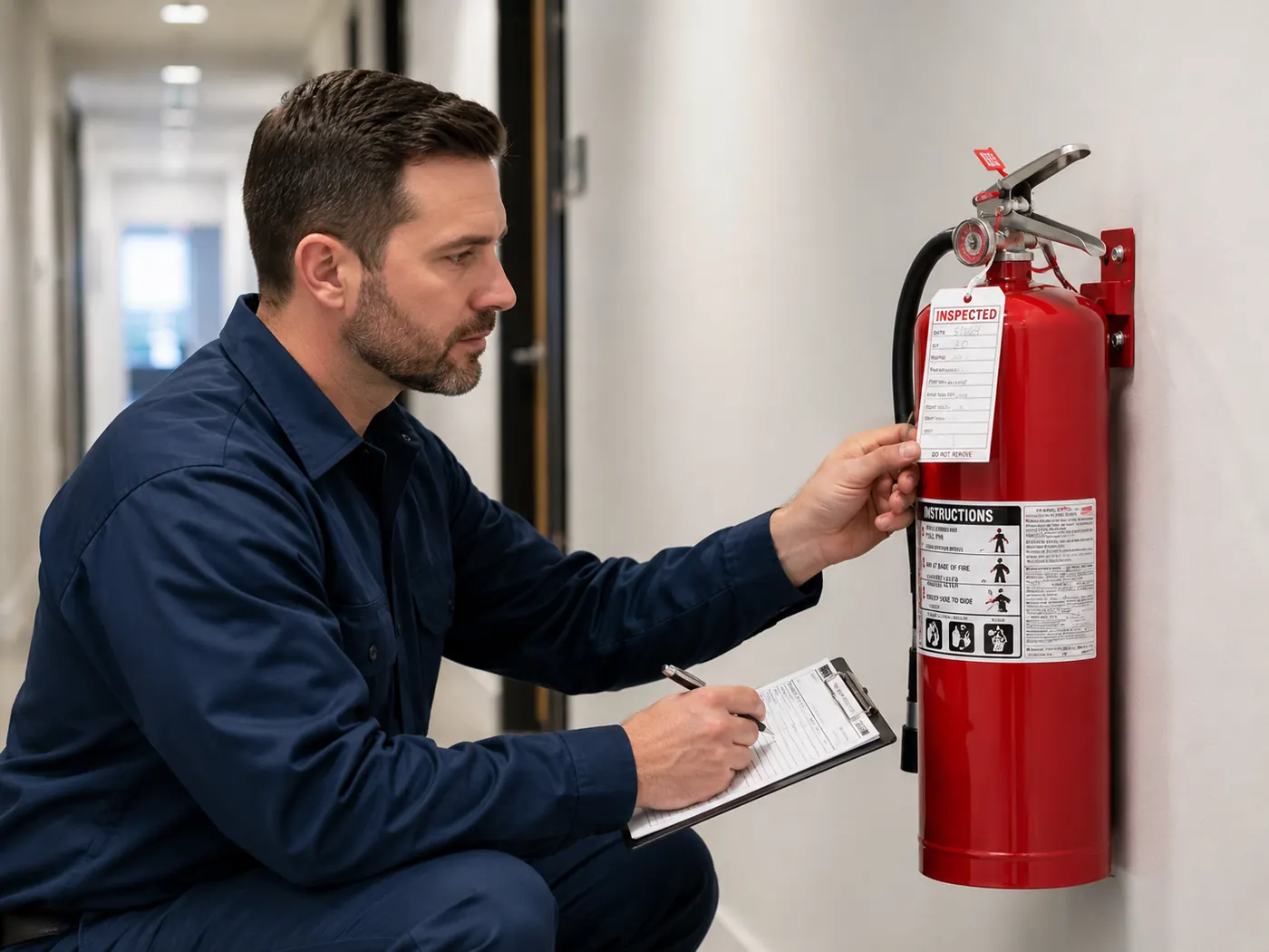 Commercial fire extinguisher mounted and ready for service