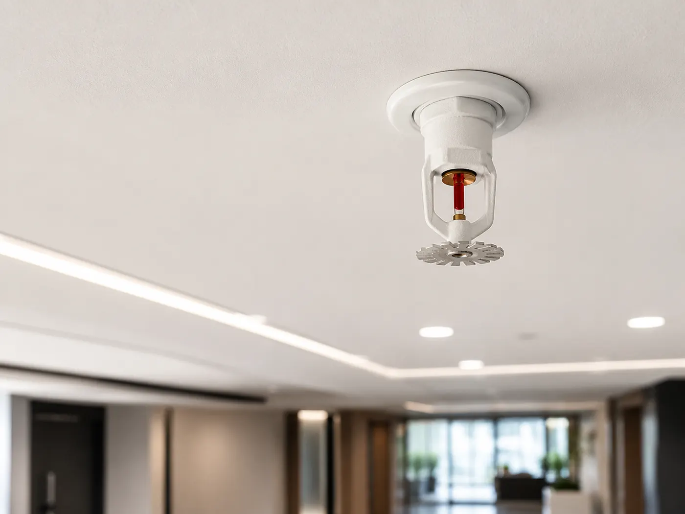 Fire sprinkler head installed in a commercial ceiling