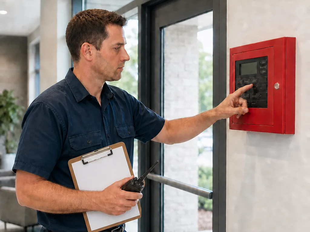 Delta Fire Equipment technician testing a fire alarm control panel during an LAFD Regulation 4 inspection