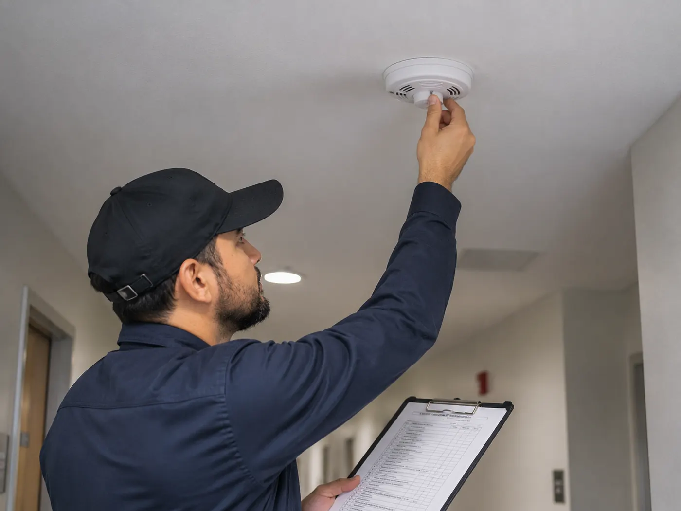 Technician performing scheduled maintenance on a ceiling smoke detector