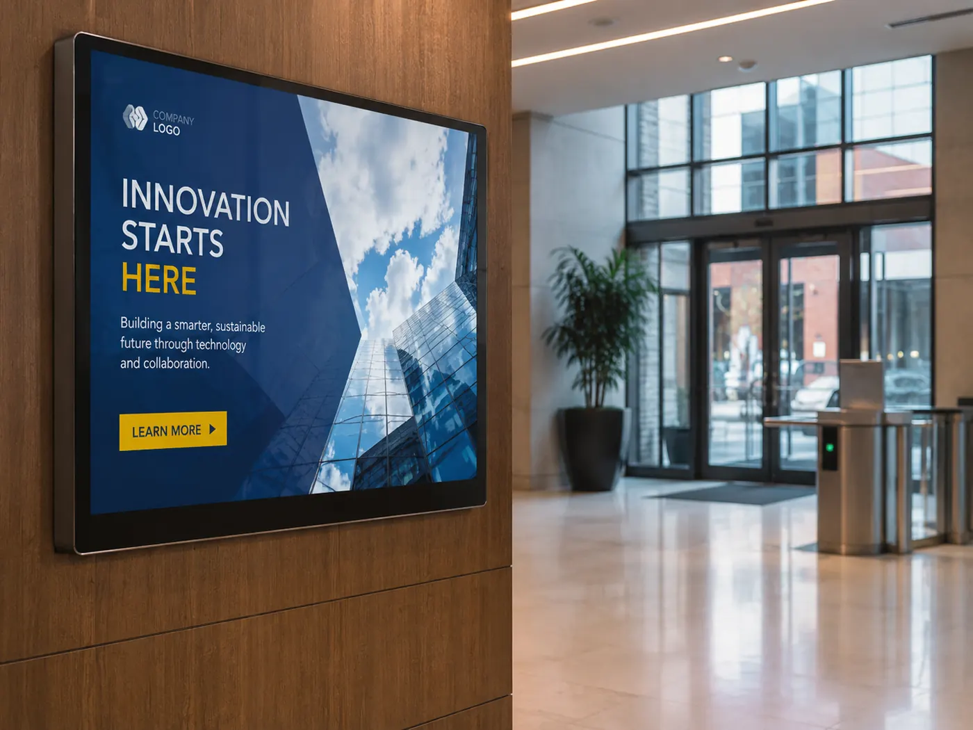 Digital video display board installed in a commercial building lobby